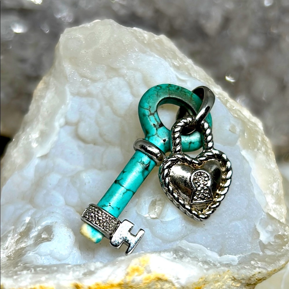 Vintage Turquoise Key and Silver Heart Pendant